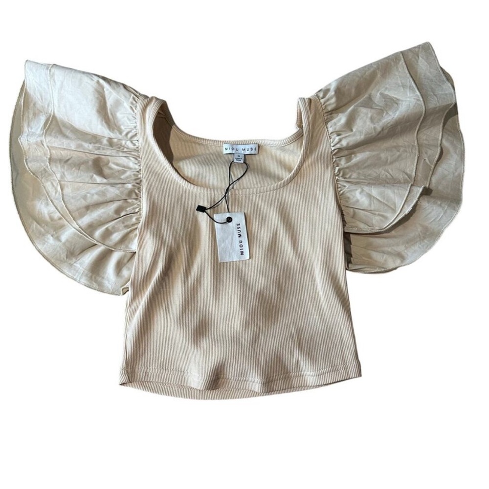 Miou Muse Ribbed Flutter Sleeve Top Blouse M